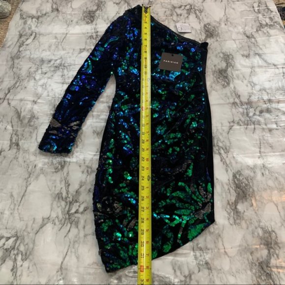Parisian Sequin Blue Green One Sleeve Dress size 2 - Picture 3 of 7